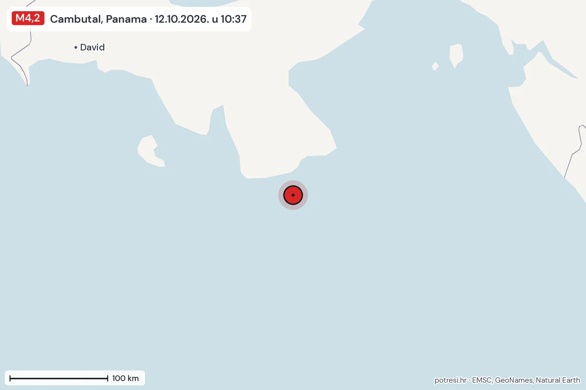 Karta: šire područje, 600 km, potres M4,2, Cambutal, Panama, 12.10.2026.