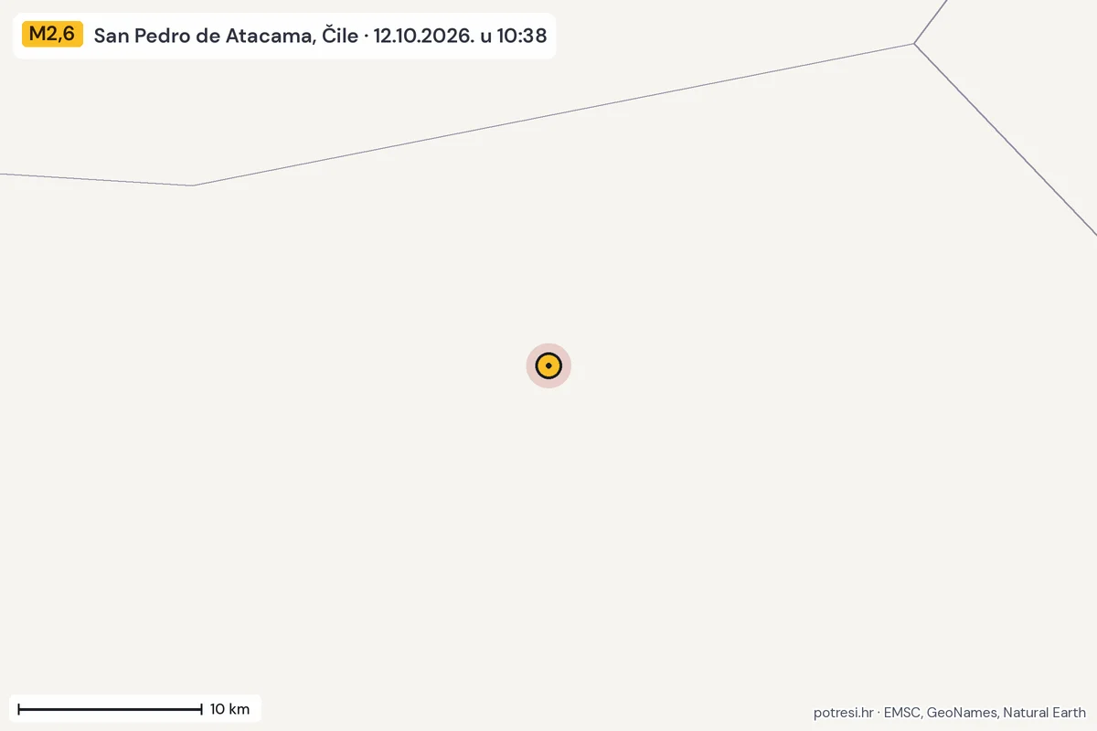Karta: okolica epicentra, 60 km, potres M2,6, San Pedro de Atacama, Čile, 12.10.2026.