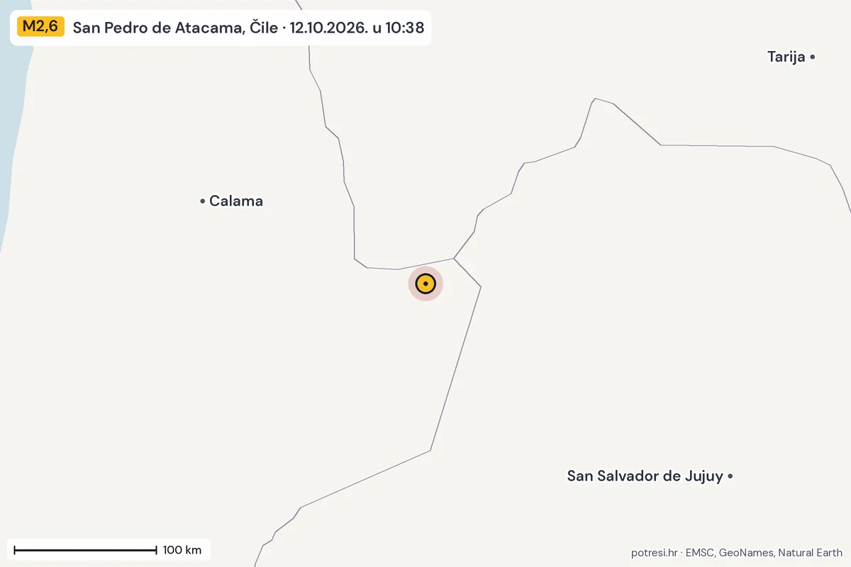 Karta: šire područje, 600 km, potres M2,6, San Pedro de Atacama, Čile, 12.10.2026.