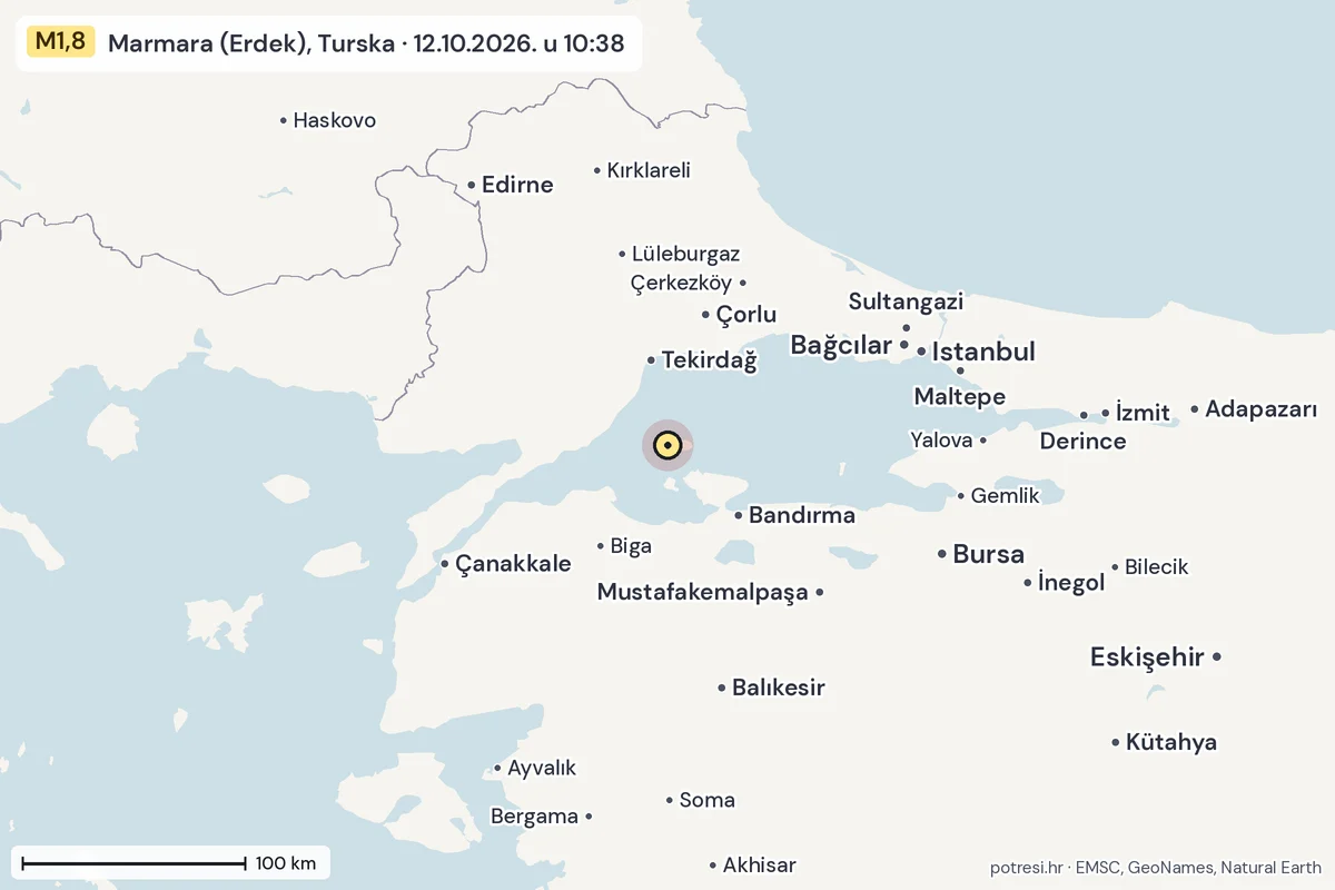 Karta: šire područje, 600 km, potres M1,8, Marmara (Erdek), Turska, 12.10.2026.