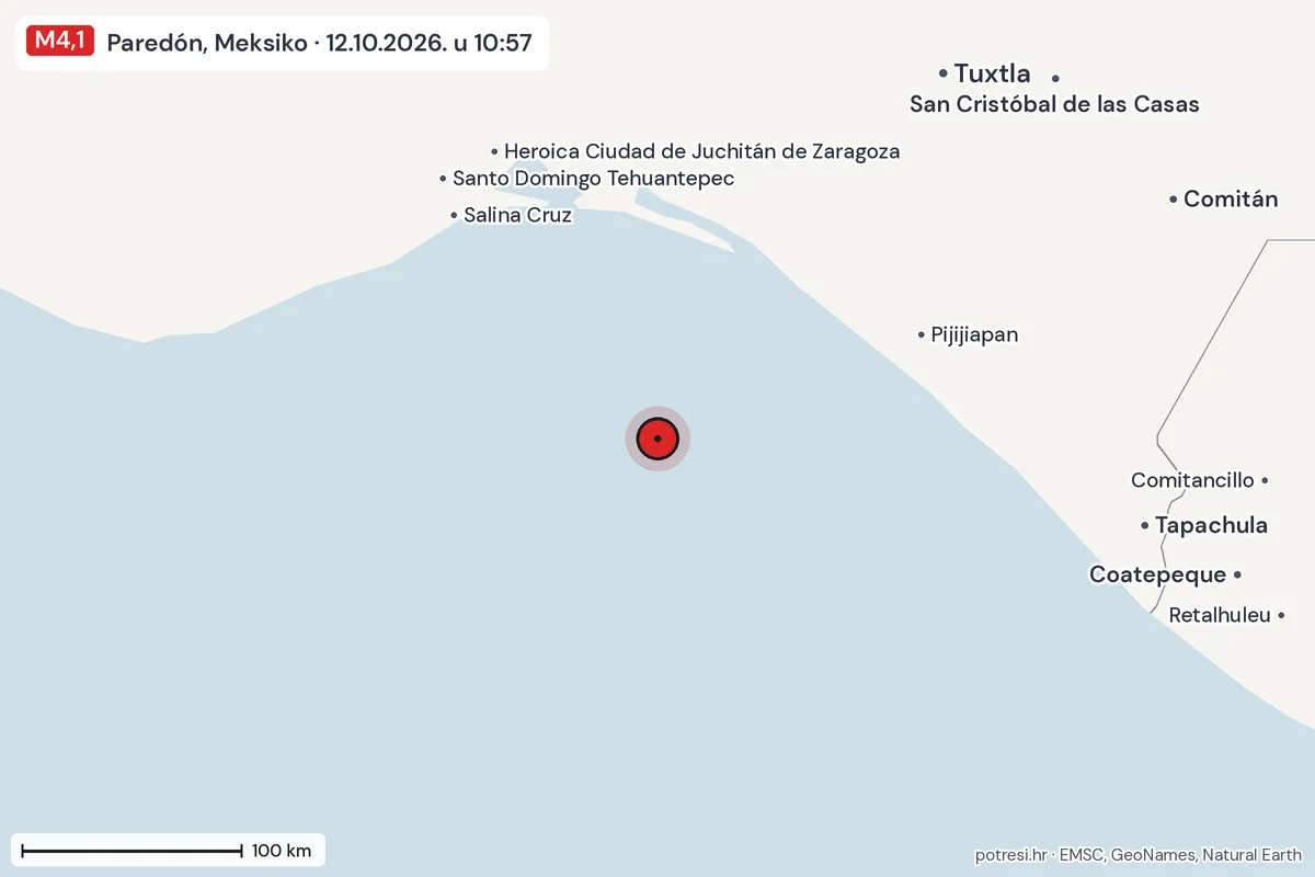 Karta: šire područje, 600 km, potres M4,1, Paredón, Meksiko, 12.10.2026.
