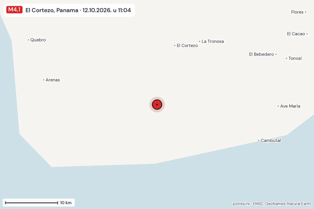 Karta: okolica epicentra, 60 km, potres M4,1, El Cortezo, Panama, 12.10.2026.