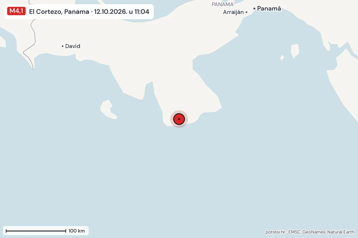 Karta: šire područje, 600 km, potres M4,1, El Cortezo, Panama, 12.10.2026.