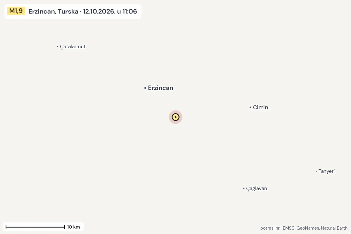 Karta: okolica epicentra, 60 km, potres M1,9, Erzincan, Turska, 12.10.2026.
