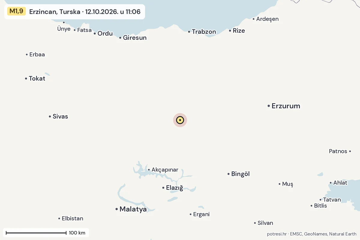 Karta: šire područje, 600 km, potres M1,9, Erzincan, Turska, 12.10.2026.
