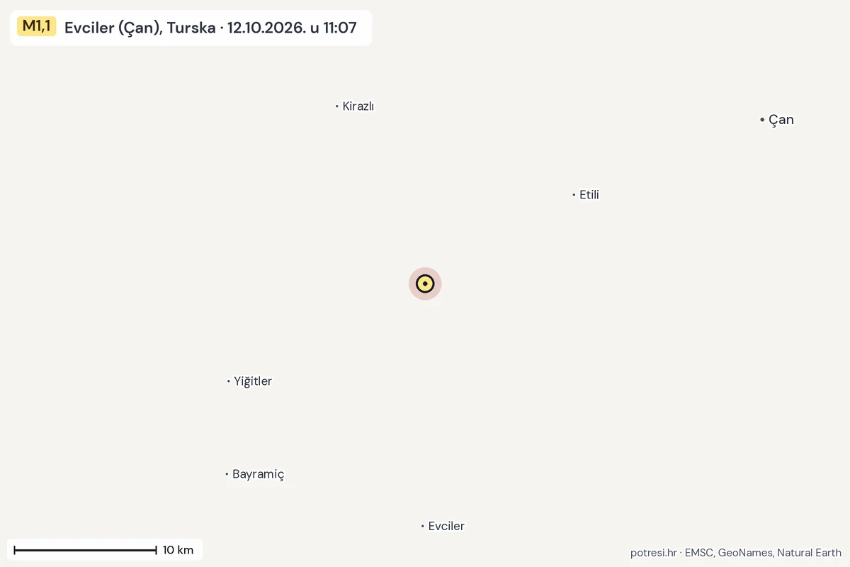 Karta: okolica epicentra, 60 km, potres M1,1, Evciler (Çan), Turska, 12.10.2026.