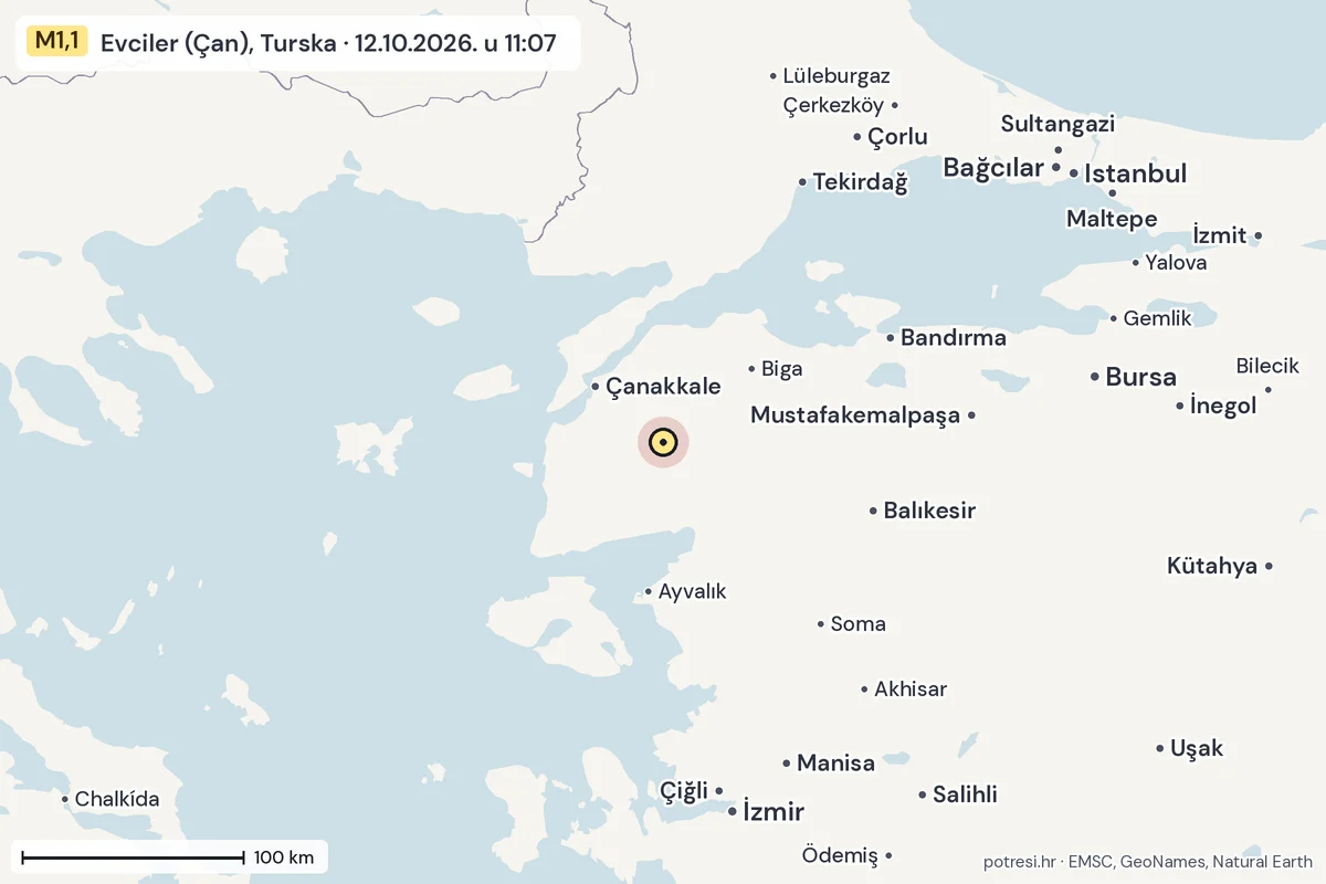 Karta: šire područje, 600 km, potres M1,1, Evciler (Çan), Turska, 12.10.2026.