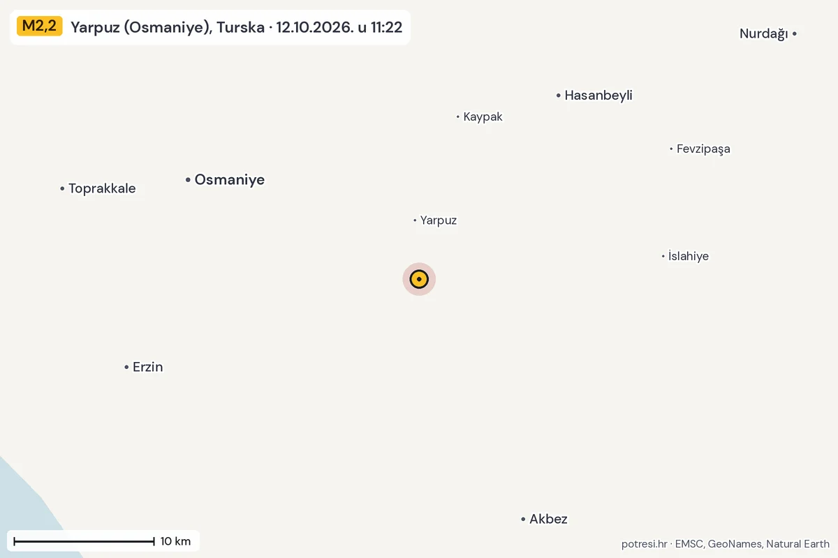 Karta: okolica epicentra, 60 km, potres M2,2, Yarpuz (Osmaniye), Turska, 12.10.2026.