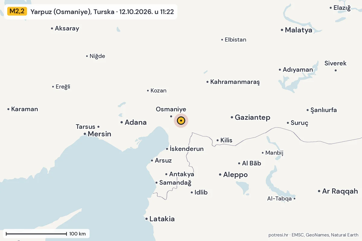 Karta: šire područje, 600 km, potres M2,2, Yarpuz (Osmaniye), Turska, 12.10.2026.