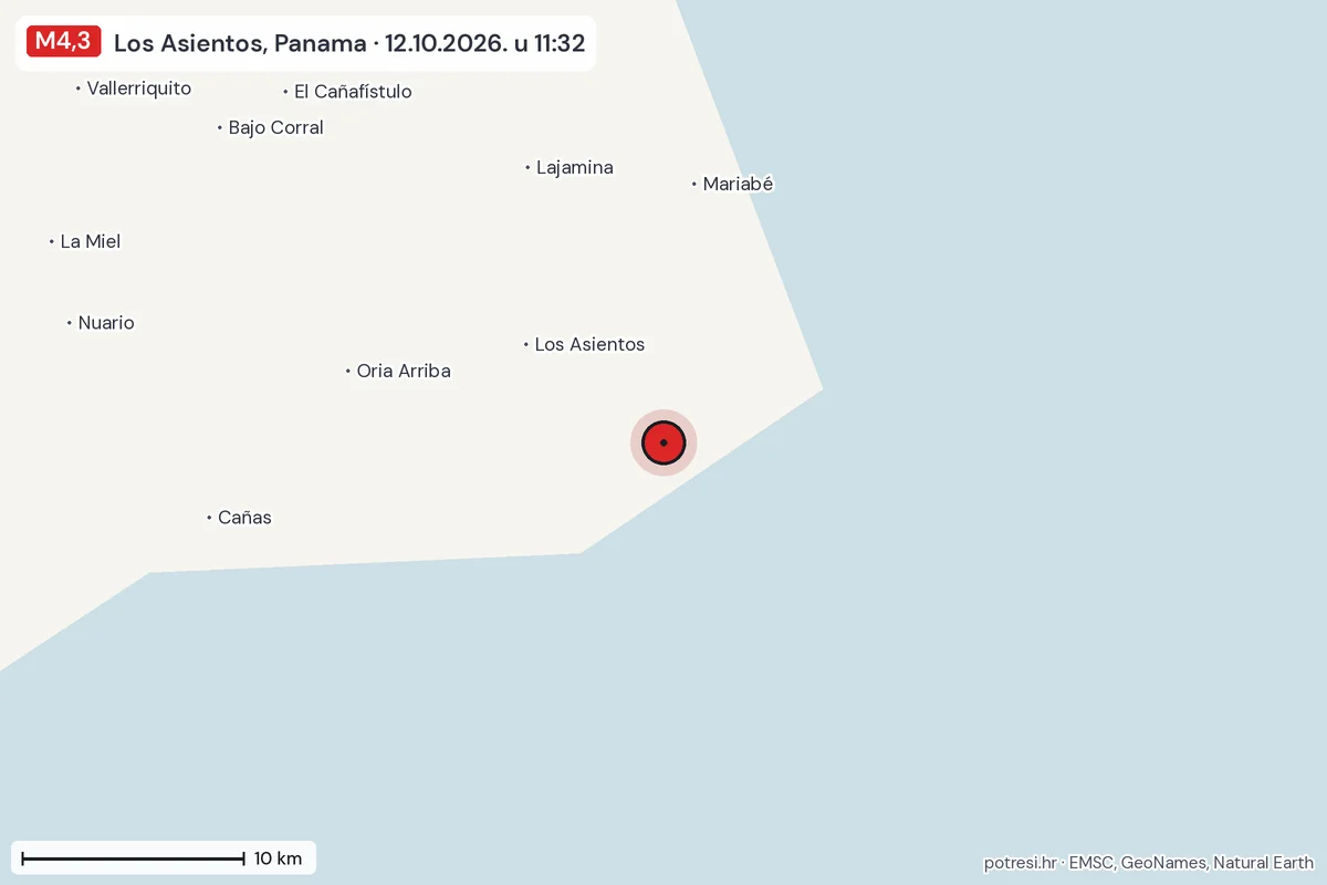 Karta: okolica epicentra, 60 km, potres M4,3, Los Asientos, Panama, 12.10.2026.
