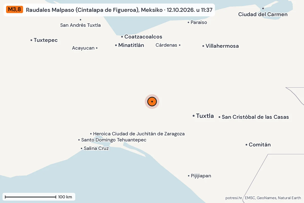 Karta: šire područje, 600 km, potres M3,8, Raudales Malpaso (Cintalapa de Figueroa), Meksiko, 12.10.2026.
