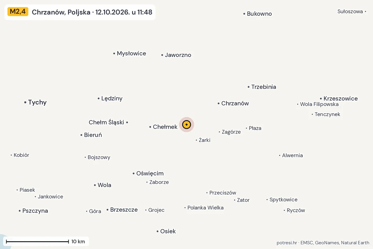 Karta: okolica epicentra, 60 km, potres M2,4, Chrzanów, Poljska, 12.10.2026.