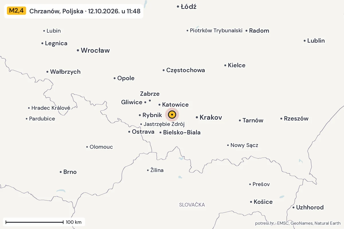 Karta: šire područje, 600 km, potres M2,4, Chrzanów, Poljska, 12.10.2026.