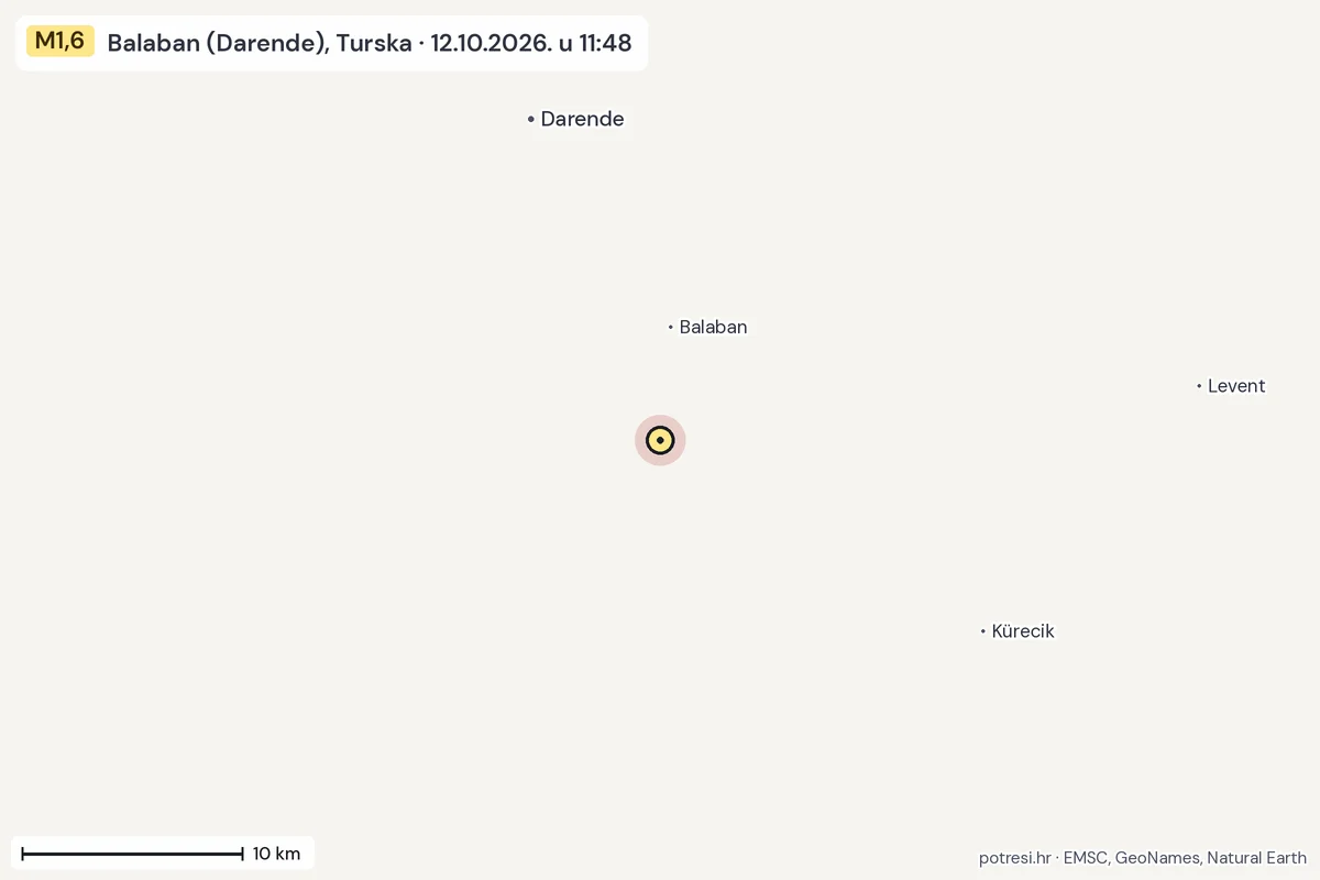 Karta: okolica epicentra, 60 km, potres M1,6, Balaban (Darende), Turska, 12.10.2026.