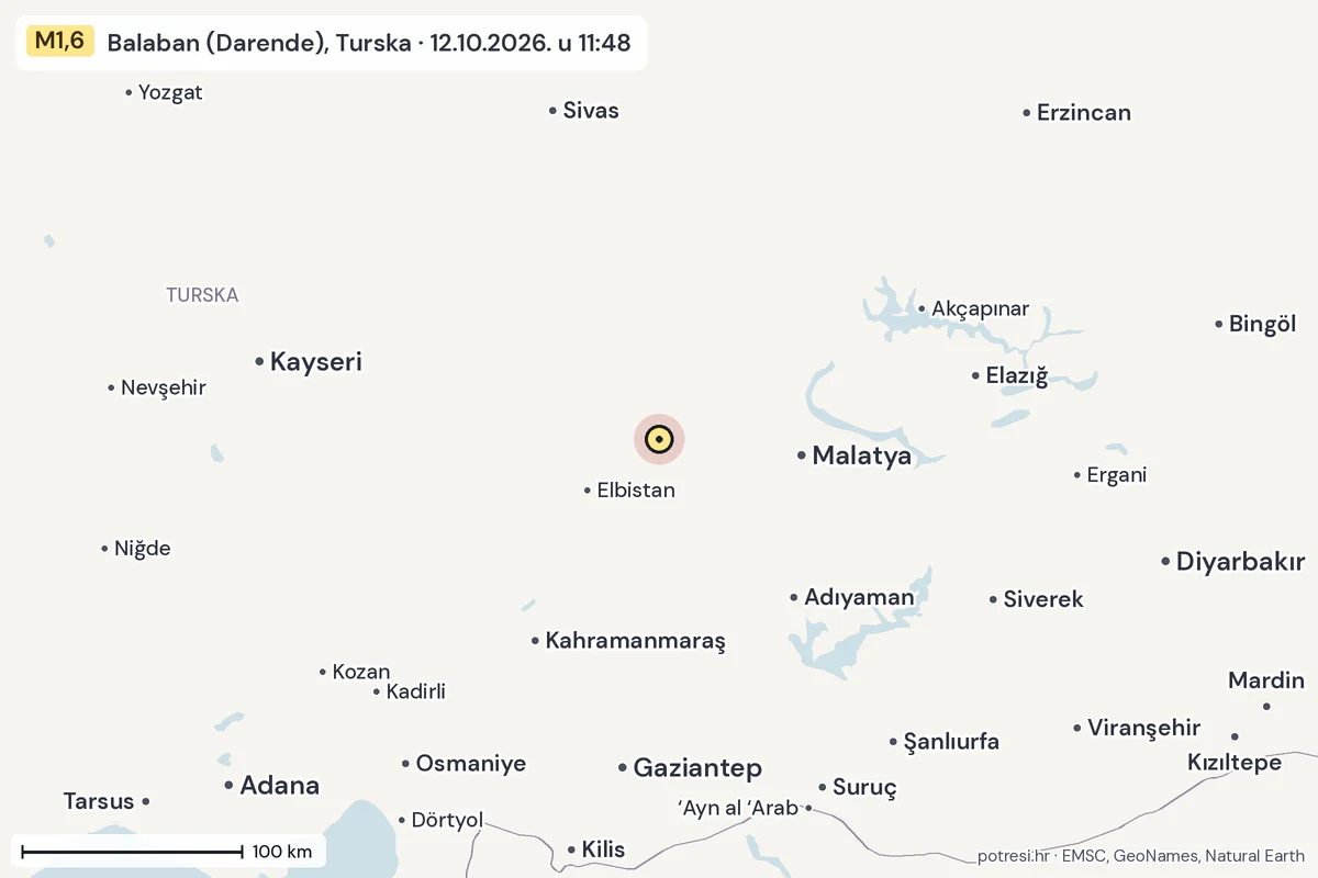 Karta: šire područje, 600 km, potres M1,6, Balaban (Darende), Turska, 12.10.2026.