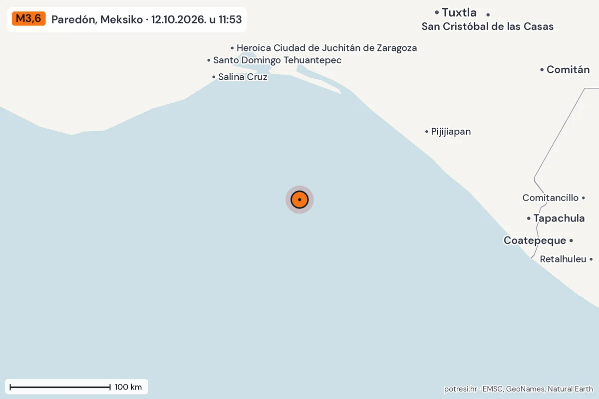 Karta: šire područje, 600 km, potres M3,6, Paredón, Meksiko, 12.10.2026.