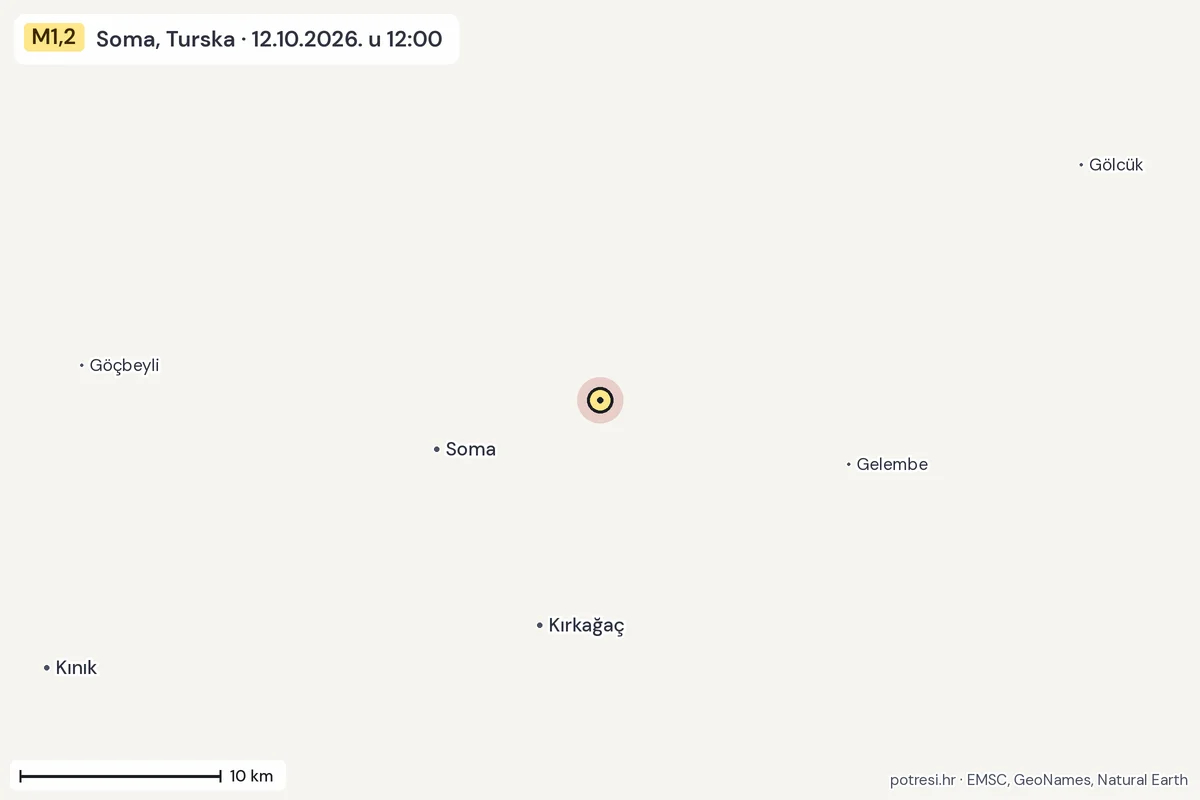 Karta: okolica epicentra, 60 km, potres M1,2, Soma, Turska, 12.10.2026.