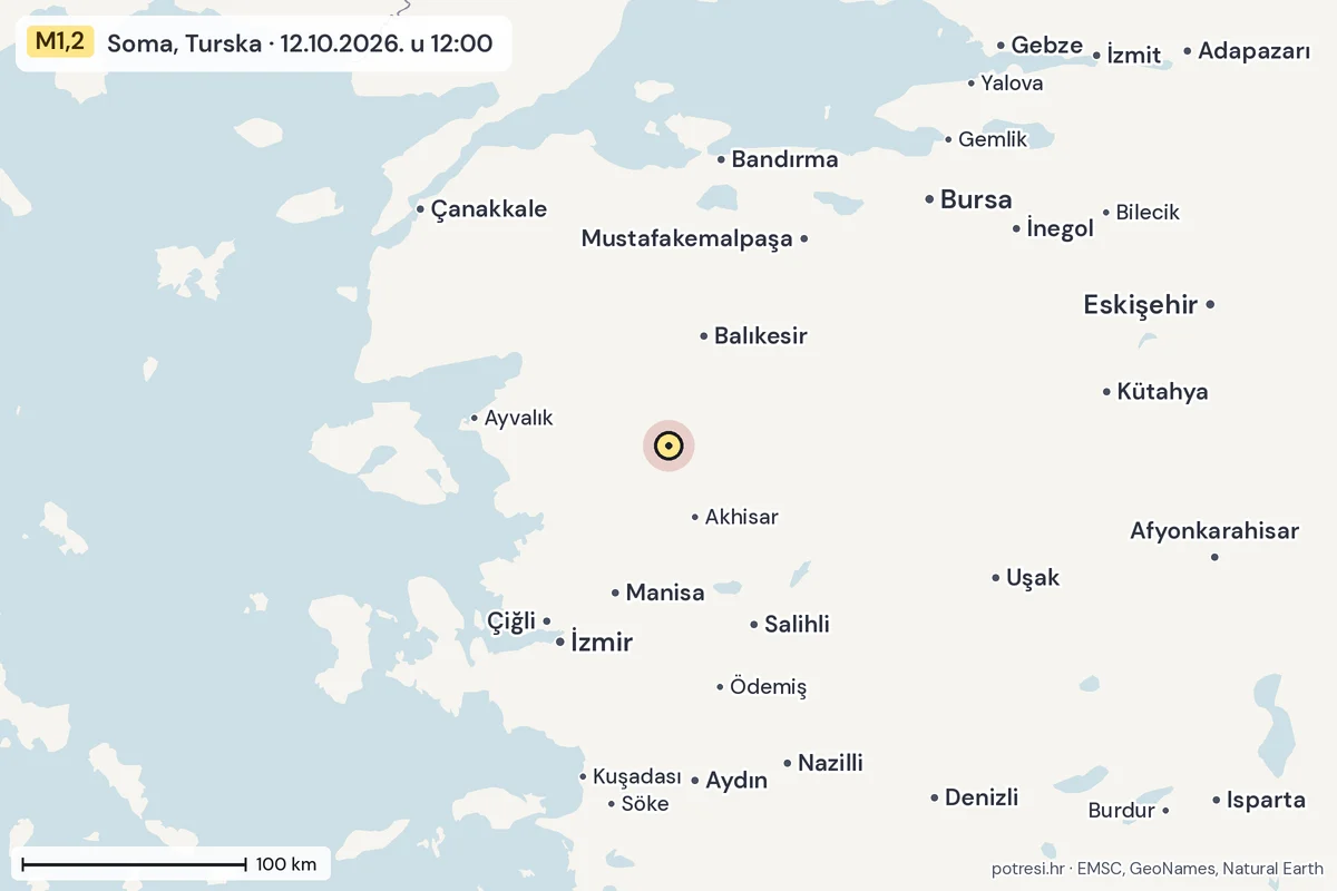 Karta: šire područje, 600 km, potres M1,2, Soma, Turska, 12.10.2026.