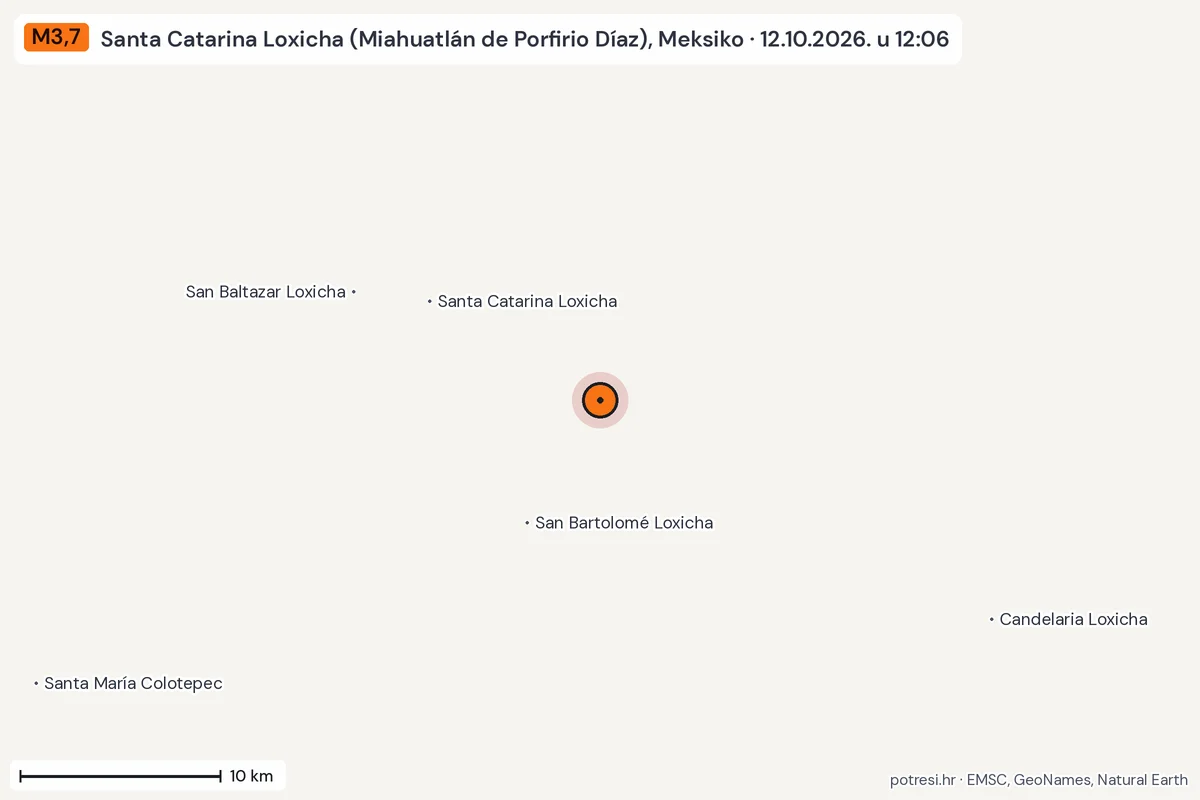 Karta: okolica epicentra, 60 km, potres M3,7, Santa Catarina Loxicha (Miahuatlán de Porfirio Díaz), Meksiko, 12.10.2026.