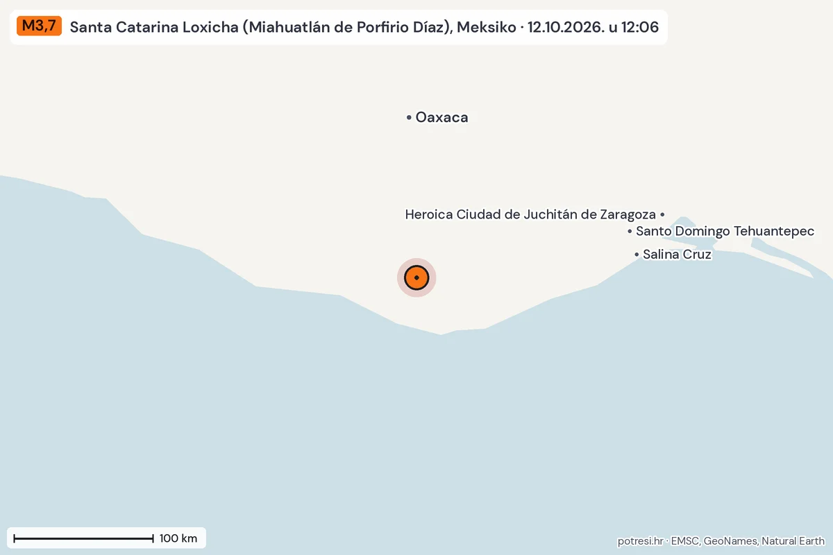 Karta: šire područje, 600 km, potres M3,7, Santa Catarina Loxicha (Miahuatlán de Porfirio Díaz), Meksiko, 12.10.2026.