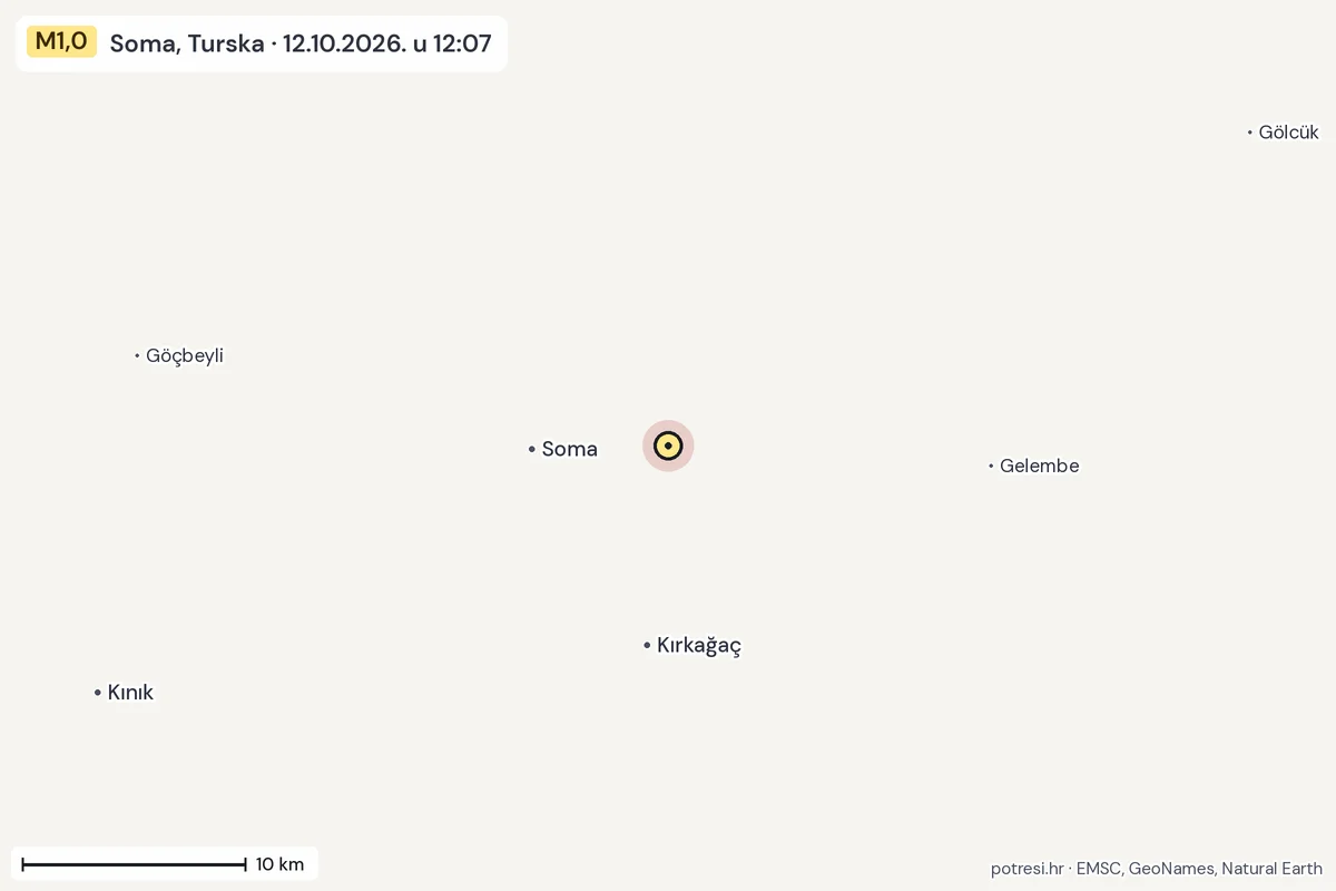 Karta: okolica epicentra, 60 km, potres M1,0, Soma, Turska, 12.10.2026.