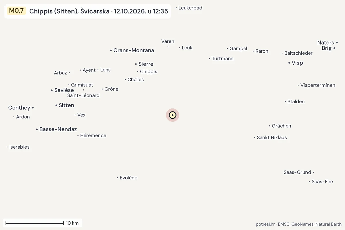 Karta: okolica epicentra, 60 km, potres M0,7, Chippis (Sitten), Švicarska, 12.10.2026.