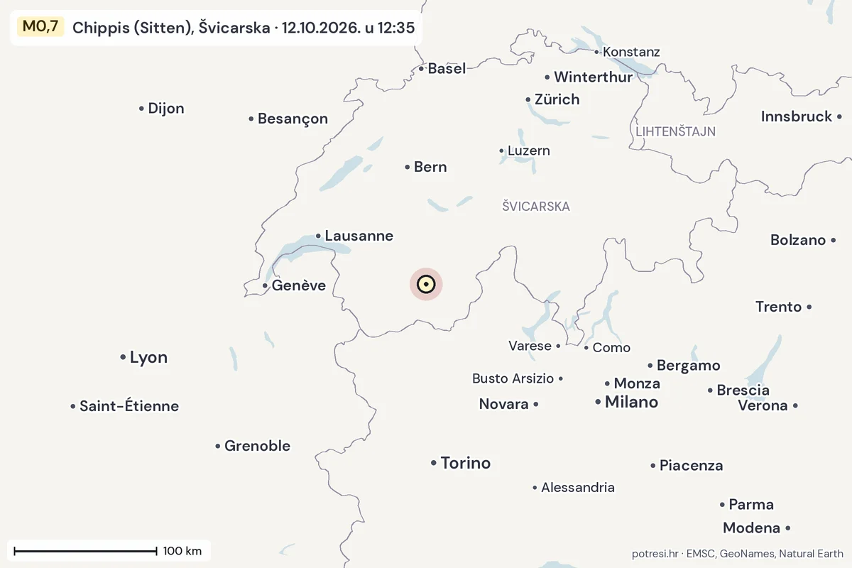 Karta: šire područje, 600 km, potres M0,7, Chippis (Sitten), Švicarska, 12.10.2026.