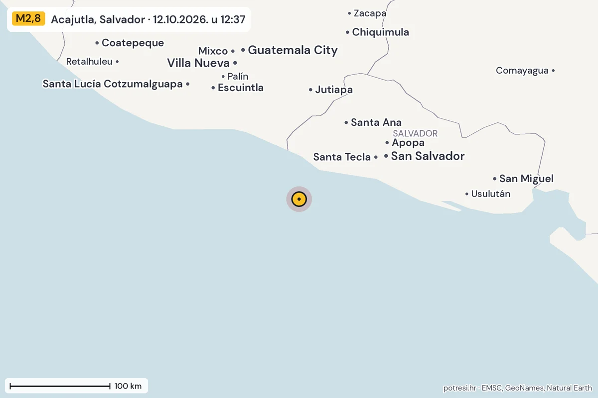 Karta: šire područje, 600 km, potres M2,8, Acajutla, Salvador, 12.10.2026.