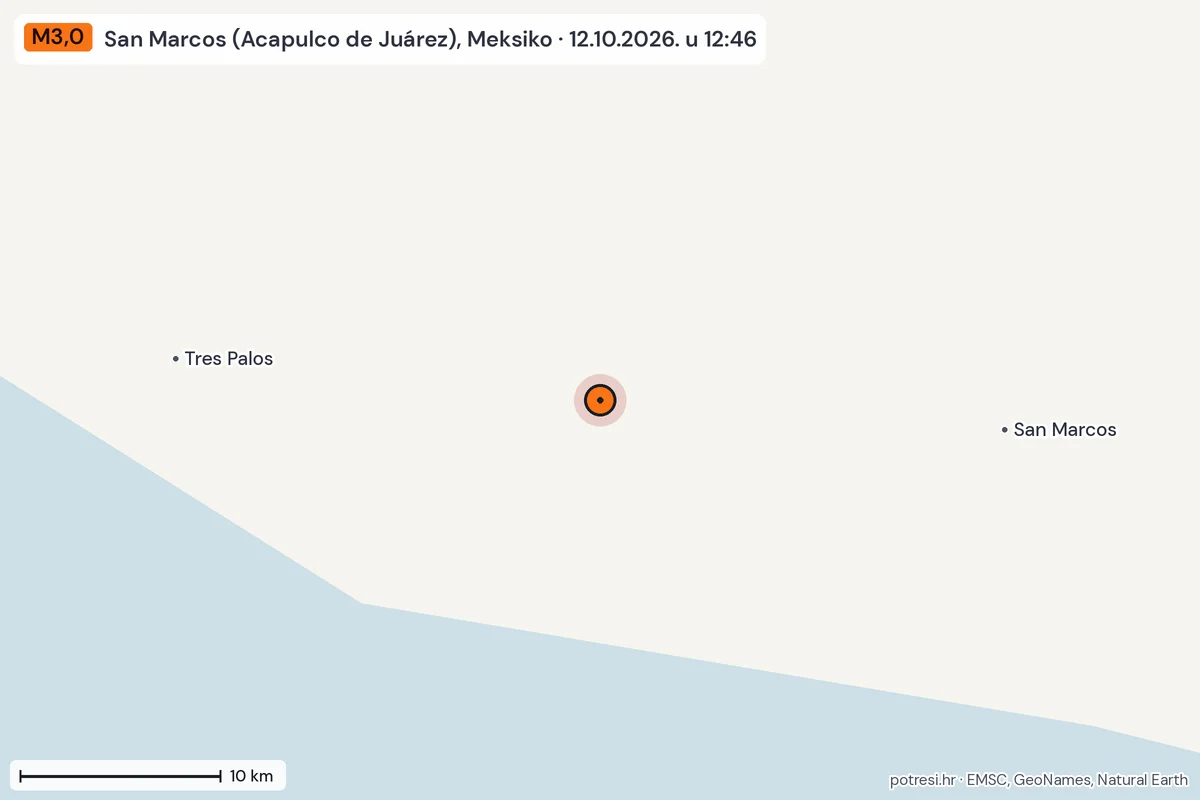 Karta: okolica epicentra, 60 km, potres M3,0, San Marcos (Acapulco de Juárez), Meksiko, 12.10.2026.