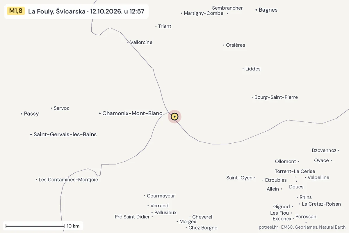 Karta: okolica epicentra, 60 km, potres M1,8, La Fouly, Švicarska, 12.10.2026.