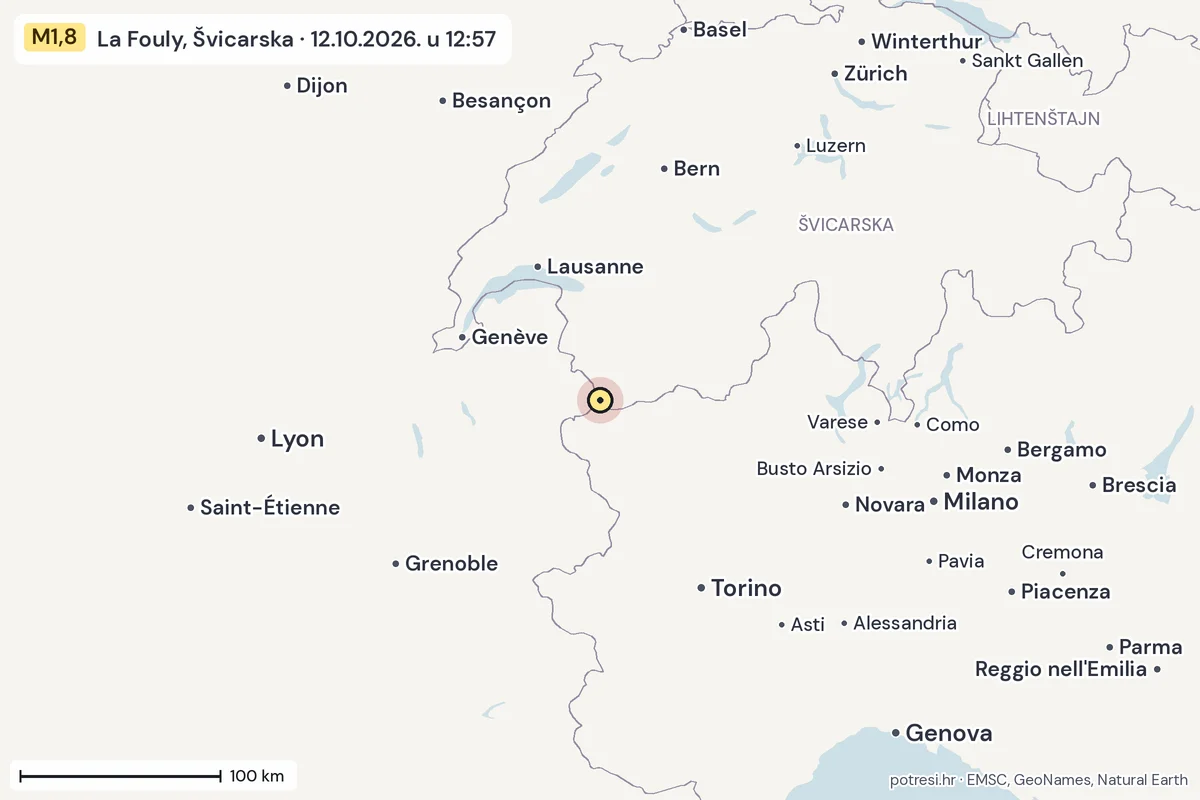 Karta: šire područje, 600 km, potres M1,8, La Fouly, Švicarska, 12.10.2026.