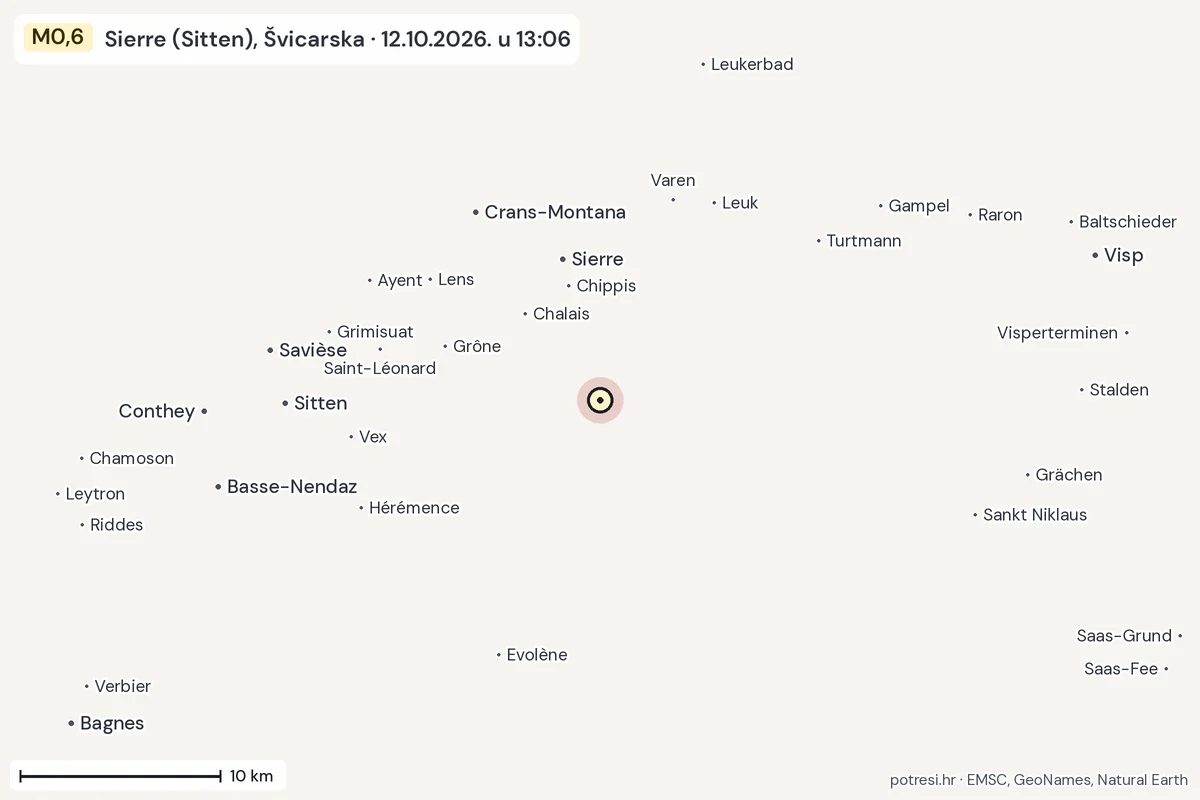 Karta: okolica epicentra, 60 km, potres M0,6, Sierre (Sitten), Švicarska, 12.10.2026.