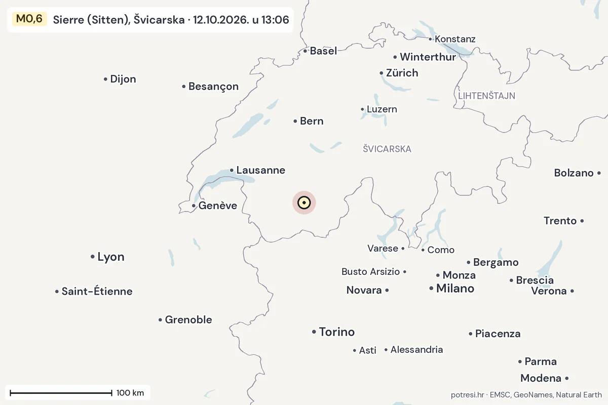 Karta: šire područje, 600 km, potres M0,6, Sierre (Sitten), Švicarska, 12.10.2026.