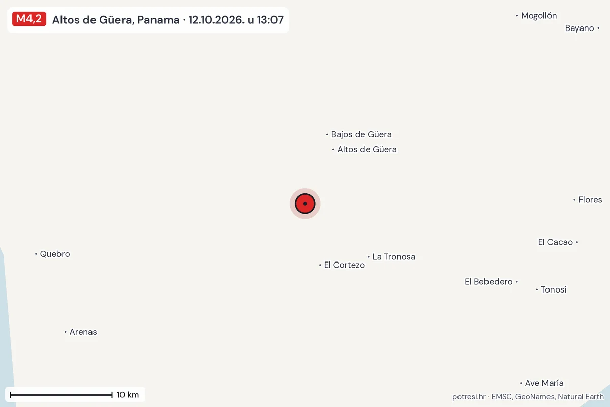 Karta: okolica epicentra, 60 km, potres M4,2, Altos de Güera, Panama, 12.10.2026.