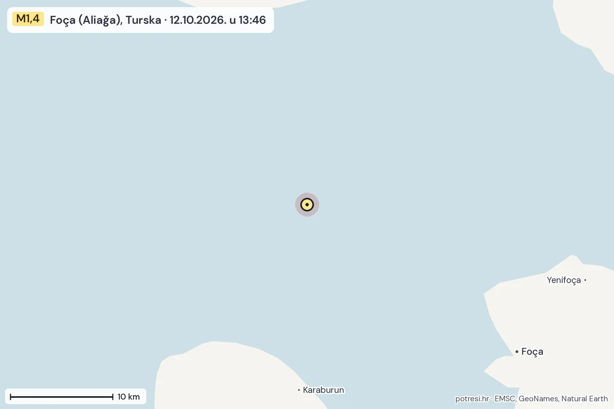 Karta: okolica epicentra, 60 km, potres M1,4, Foça (Aliağa), Turska, 12.10.2026.