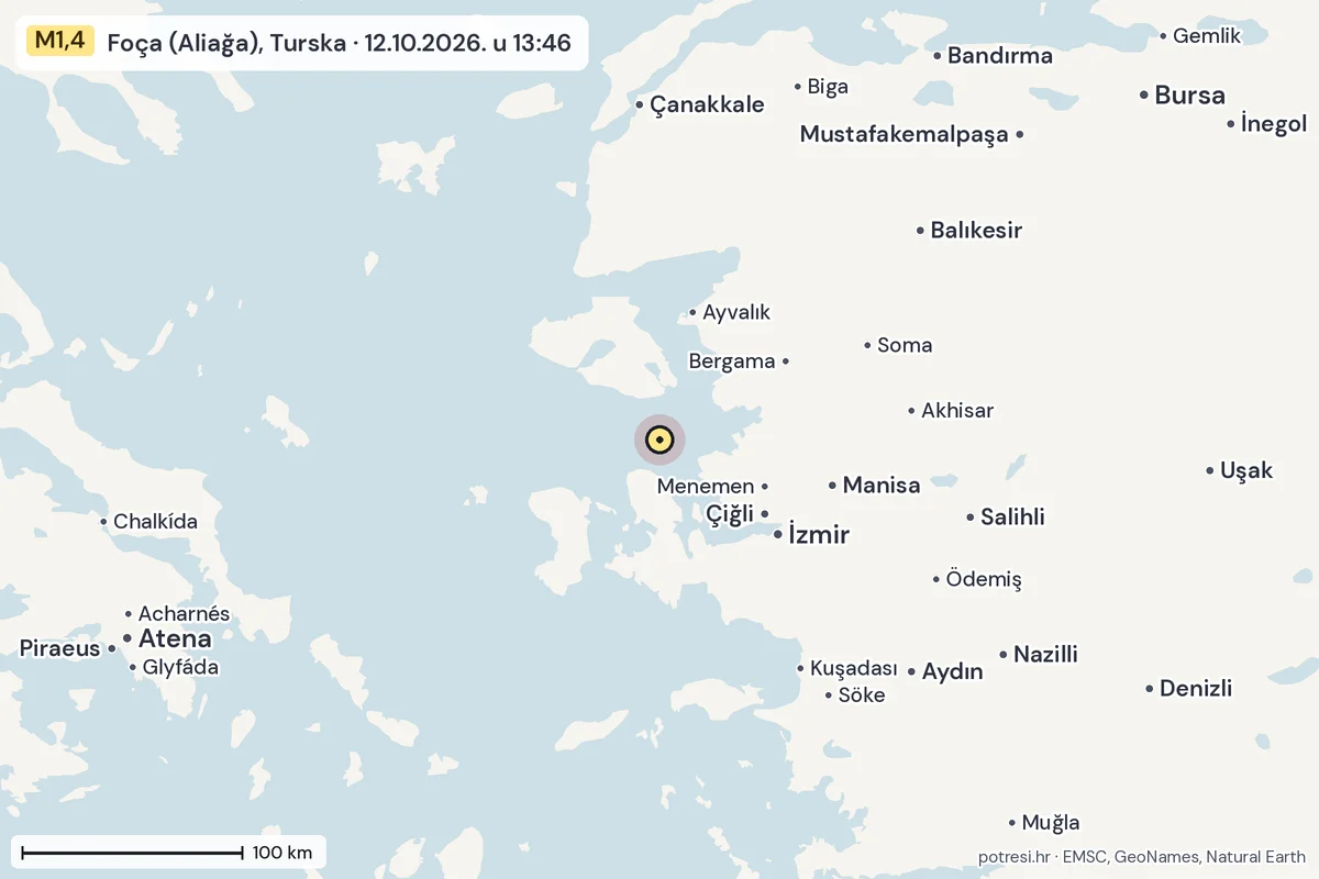 Karta: šire područje, 600 km, potres M1,4, Foça (Aliağa), Turska, 12.10.2026.