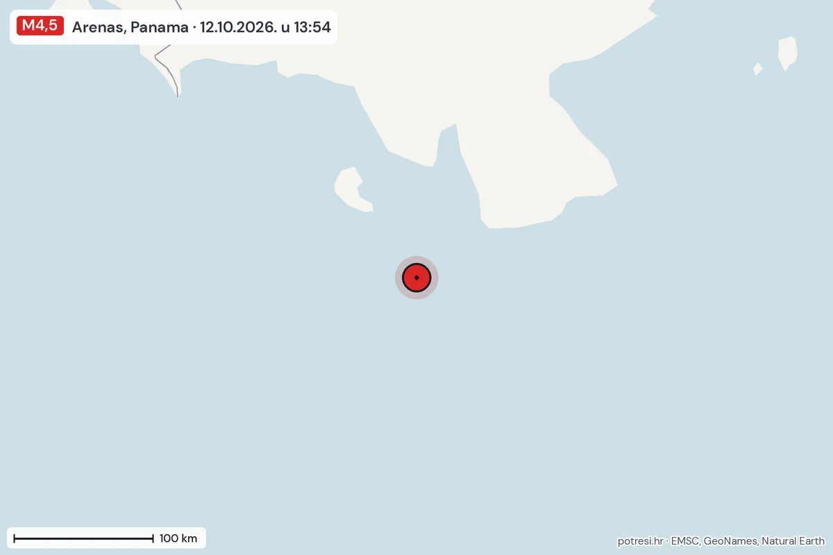 Karta: šire područje, 600 km, potres M4,5, Arenas, Panama, 12.10.2026.