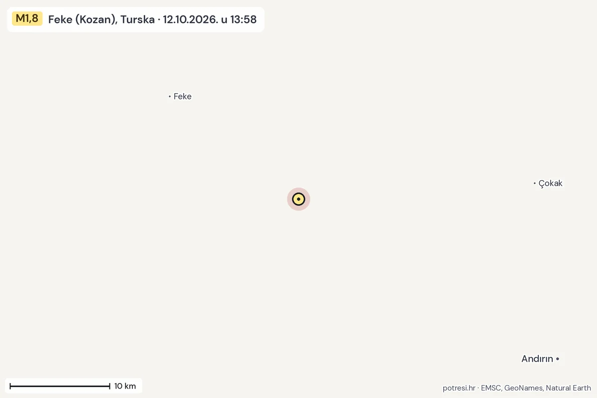 Karta: okolica epicentra, 60 km, potres M1,8, Feke (Kozan), Turska, 12.10.2026.