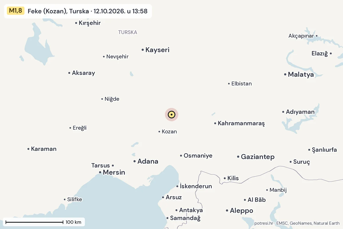 Karta: šire područje, 600 km, potres M1,8, Feke (Kozan), Turska, 12.10.2026.