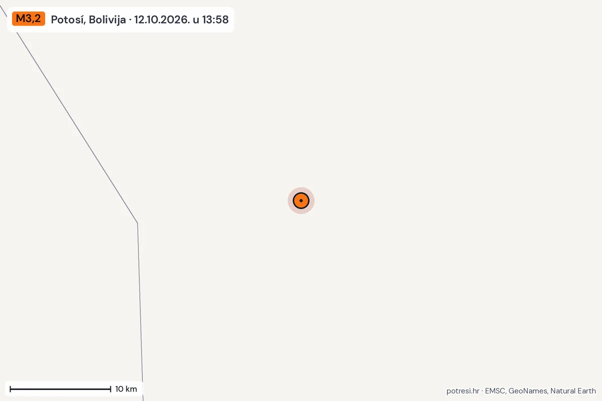 Karta: okolica epicentra, 60 km, potres M3,2, Potosí, Bolivija, 12.10.2026.