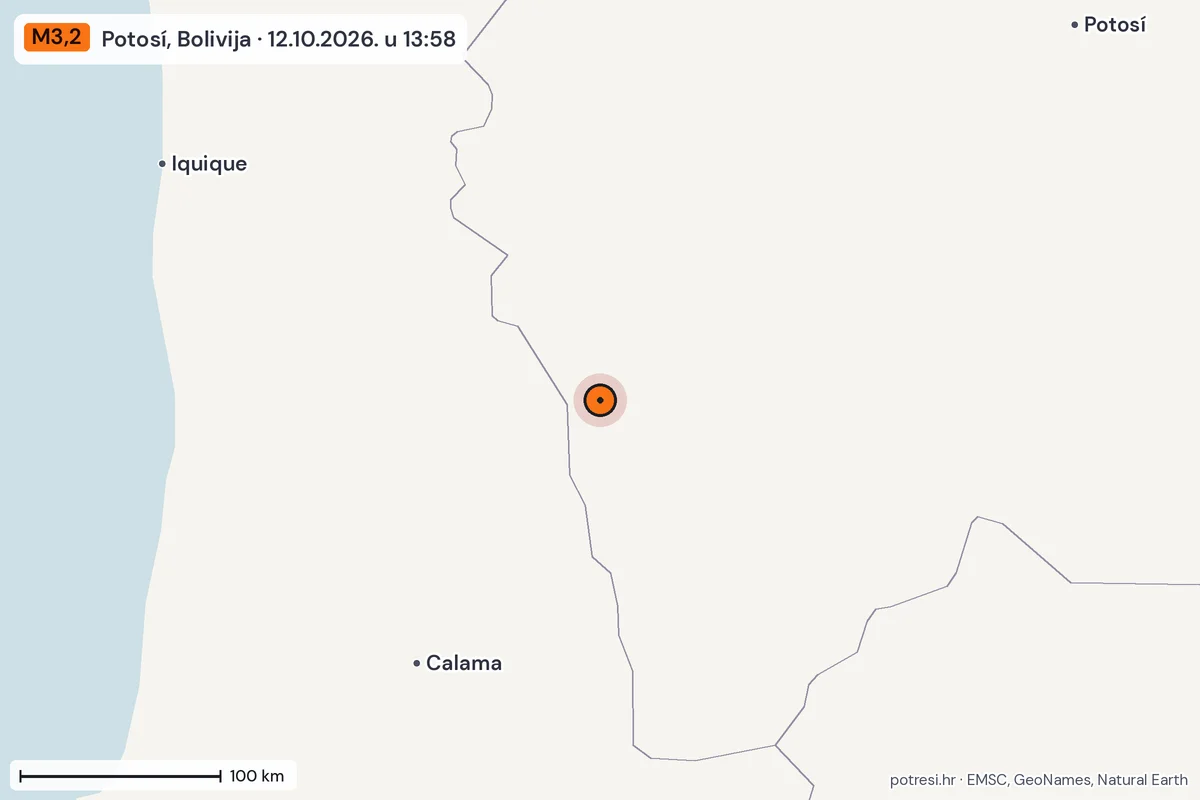 Karta: šire područje, 600 km, potres M3,2, Potosí, Bolivija, 12.10.2026.