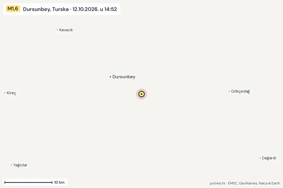 Karta: okolica epicentra, 60 km, potres M1,6, Dursunbey, Turska, 12.10.2026.