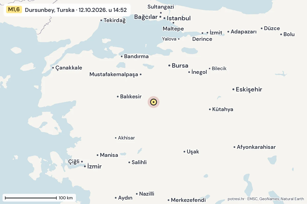 Karta: šire područje, 600 km, potres M1,6, Dursunbey, Turska, 12.10.2026.