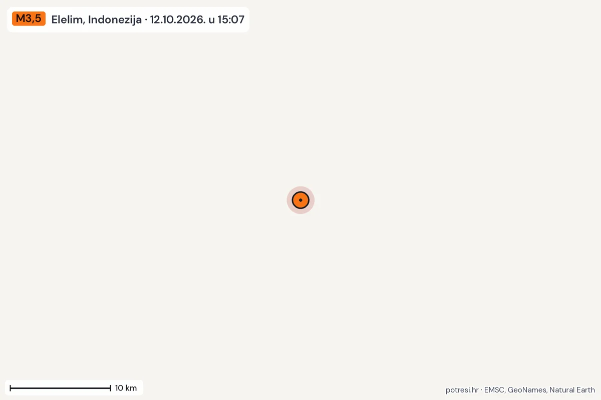 Karta: okolica epicentra, 60 km, potres M3,5, Elelim, Indonezija, 12.10.2026.
