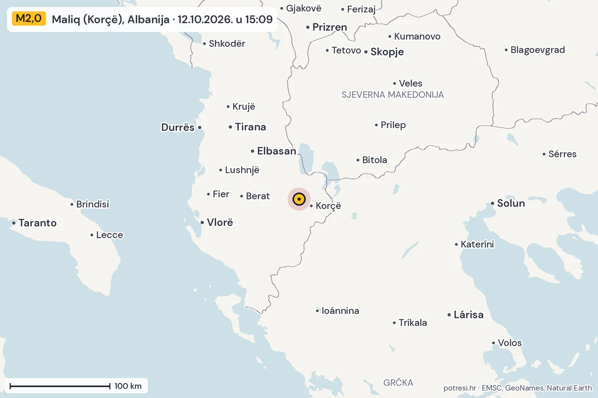 Karta: šire područje, 600 km, potres M2,0, Maliq (Korçë), Albanija, 12.10.2026.