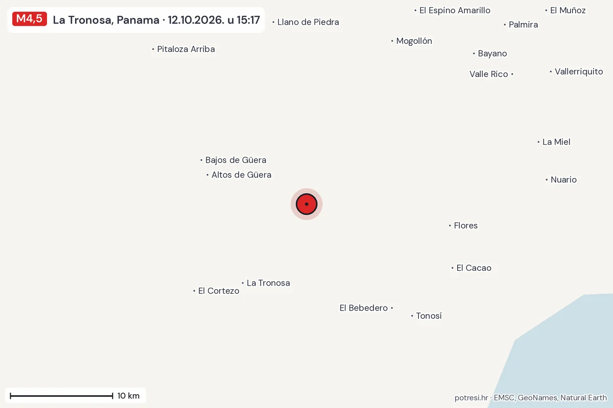 Karta: okolica epicentra, 60 km, potres M4,5, La Tronosa, Panama, 12.10.2026.