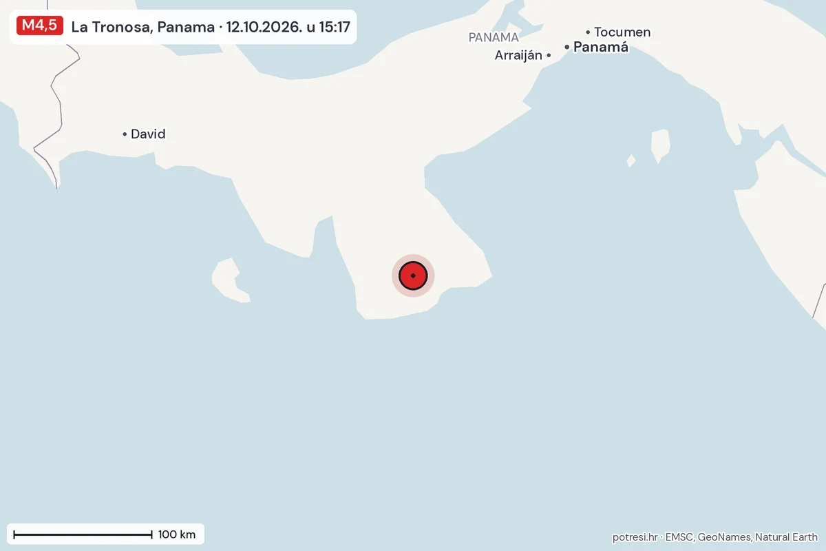 Karta: šire područje, 600 km, potres M4,5, La Tronosa, Panama, 12.10.2026.