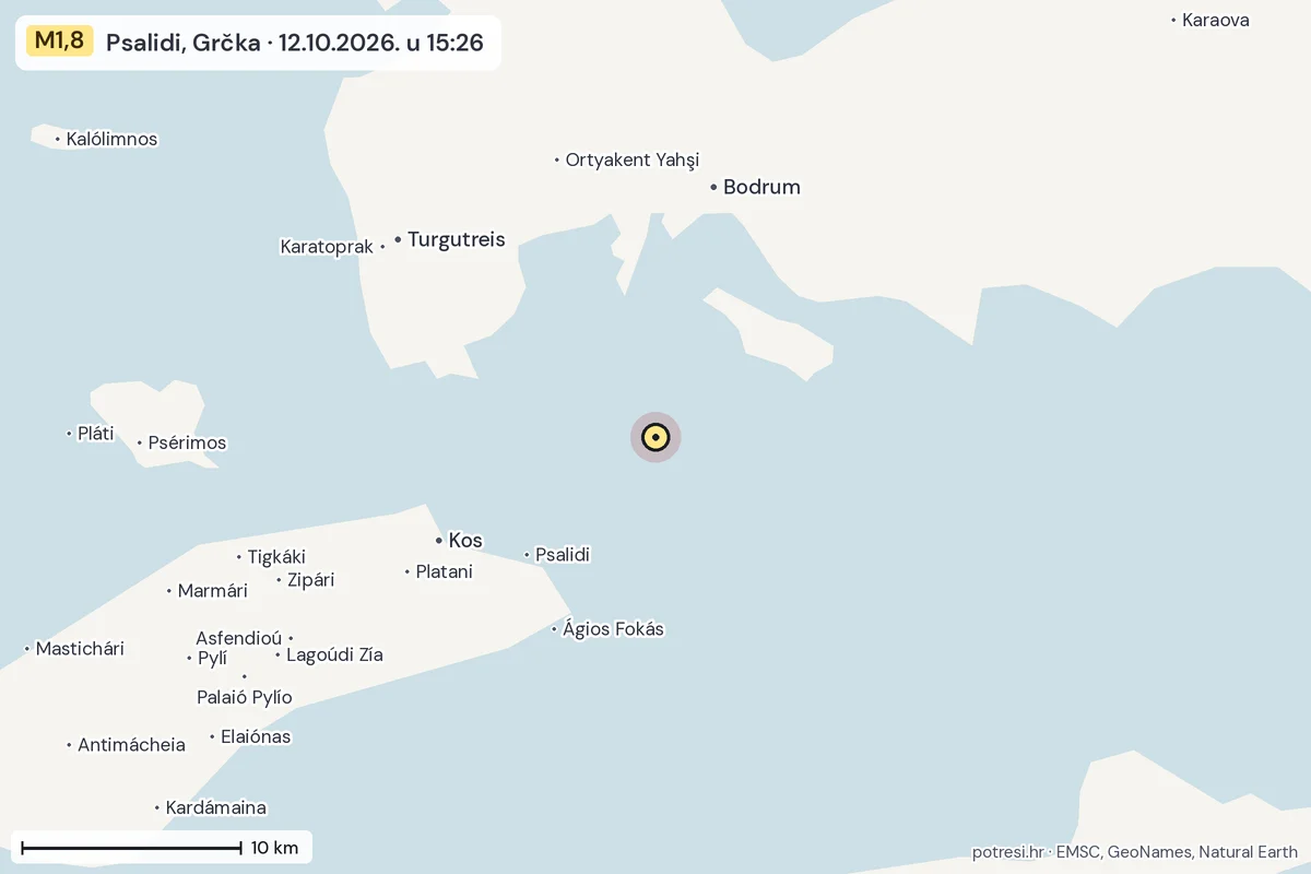 Karta: okolica epicentra, 60 km, potres M1,8, Psalidi, Grčka, 12.10.2026.