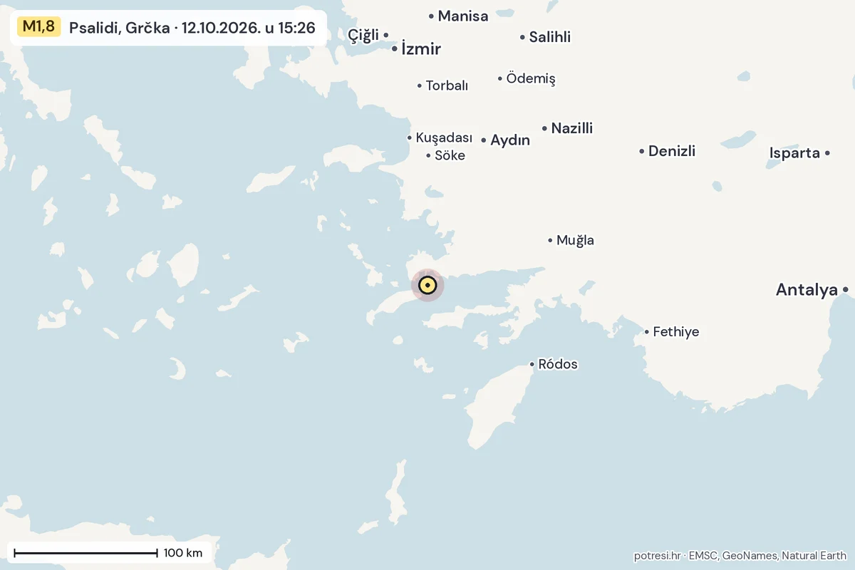 Karta: šire područje, 600 km, potres M1,8, Psalidi, Grčka, 12.10.2026.