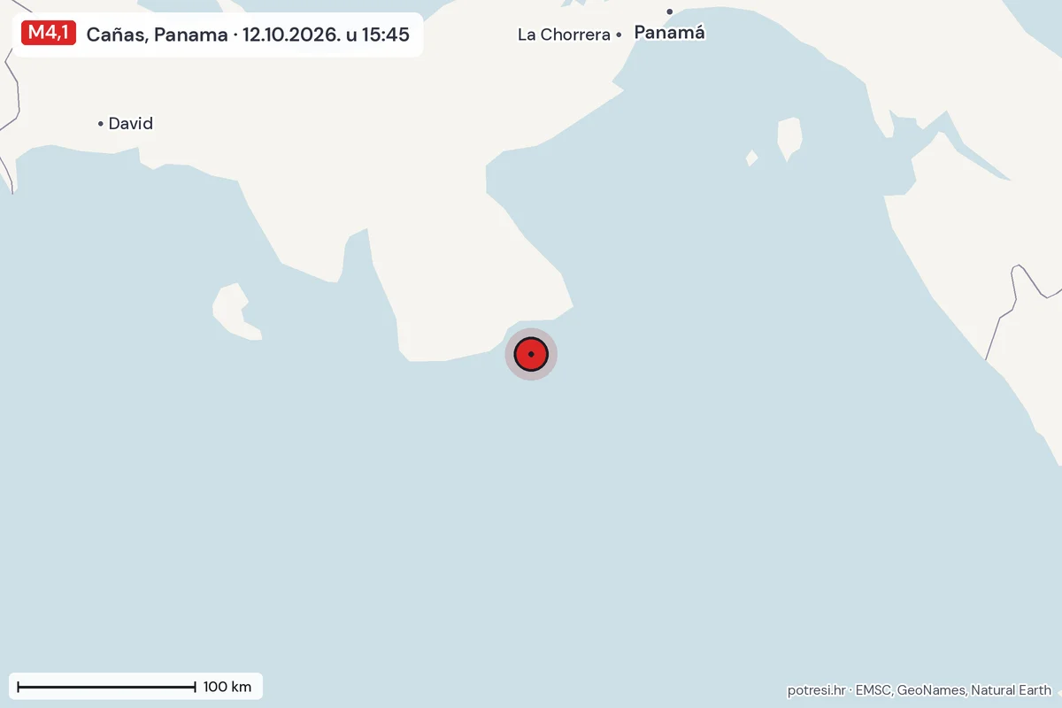 Karta: šire područje, 600 km, potres M4,1, Cañas, Panama, 12.10.2026.